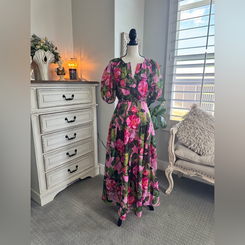 Alex Marie Pink Floral Maxi Dress with Green Leaves